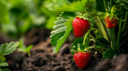 Field of Fresh Red Strawberries Growing in Organic Garden.
