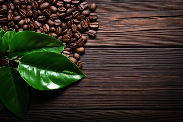 coffee beans and leaves on a wood surface