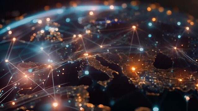 Glowing network lines and nodes illustrating digital connections overlaying Europe.  Bucle loop infinite. Digital Network Connectivity Across European Continent