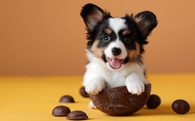 Cute puppy on a yellow background in a chocolate egg. Happy Easter.