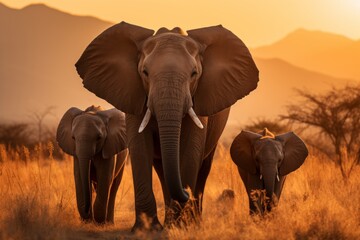Fototapeta na wymiar Herd of majestic elephants walking across a golden dry grass field at breathtaking sunset