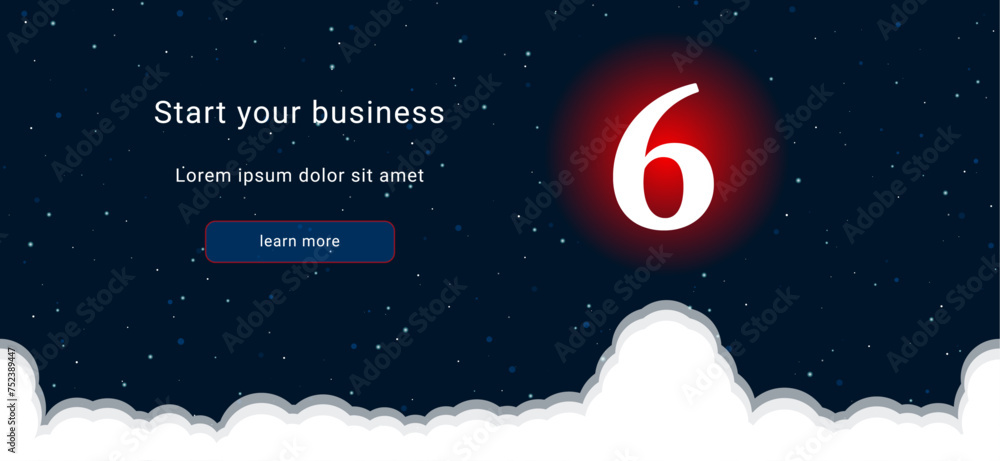 Poster business startup concept landing page screen. the number six symbol on the right is highlighted in b