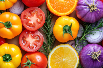 Fototapeta premium A colorful tapestry of fresh produce with juicy tomatoes, crisp bell peppers, fragrant garlic, sliced red onions, aromatic rosemary