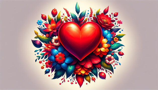 An illustration featuring a vibrant red heart surrounded by a variety of colorful flowers, all depicted in a detailed, artistic style