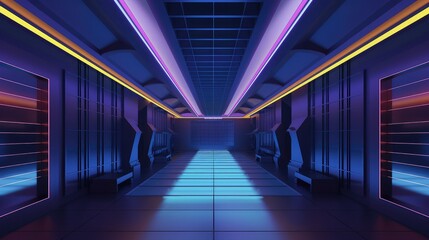 Futuristic digital corridor with colorful neon illumination.