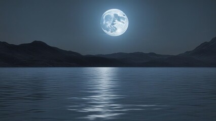 Fototapeta na wymiar moon over the lake _A blue moon over water, illustrating the depth and the darkness of water. The moon is dark and gray 