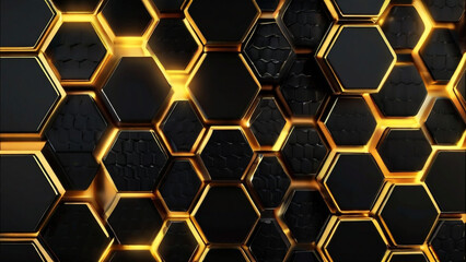 Luxury hexagonal abstract black metal 4K background with golden light lines. Dark 3d geometric texture illustration. Bright grid pattern.