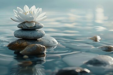 Stacked stones and white lotus flower in tranquil water. Zen concept with a focus on balance and harmony in nature