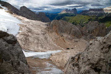 The view of Sassolungo and the Sella Group from Serauta in the Dolomites, Italy.