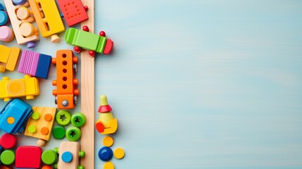 Baby kids toys frame on background, Toy many colorful educational wooden. play, Top view, executive function, kid, skill, education, intelligence quotient, emotional quotient, childhood, development - obrazy, fototapety, plakaty