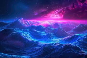 Neon Grainy landscape, futuristic design, wave music, 80s styled Surreal landscape.