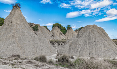 view of Aliano badlands (calanchi), landscape made of clay sculptures eroded by the rainwater,...
