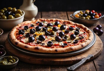 scrumptious pizza with a crispy crust and colorful toppings, placed on a wooden board next to a bowl of mixed olives and a vintage metal container.