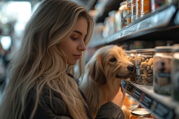 Portrait of interested young woman carefully reading labels on tin cans with choosing right hypoallergenic food for her dog in pet store