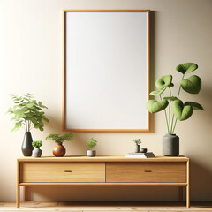 A photography of an interior design scene featuring a white wall living room with a wooden sideboard. On the sideboard, there are a large green