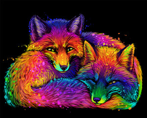 Abstract, multicolored image of two foxes in watercolor style on a black background.