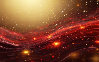 Fototapeta na wymiar Onda di particelle rosso e giallo digitali e sfondo astratto di energia con stelle e puntini brillanti