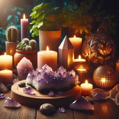 serene and mystical setting, with various objects placed on a wooden surface, illuminated by the soft glow of candles. There are several crystals, primarily amethyst clusters, scattered around the are