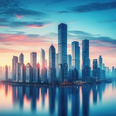 serene and picturesque view of a city skyline during sunset or sunrise. The sky is painted with soft hues of blue, pink, and orange, creating a tranquil and peaceful atmosphere.