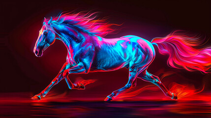 Obraz na płótnie Canvas Anime style majestic roan horse galloping with kinetic energy against pure black background vibrant redblue gradient