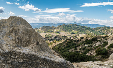 view of Aliano badlands (calanchi), landscape made of clay sculptures eroded by the rainwater,...