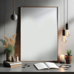 A large blank picture frame mockup on white wall. Interior white living room design with artwork mock up on wall. Blank picture poster frame template. Home office and interior concept