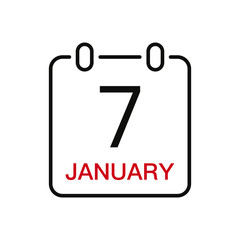 January 7 date on the calendar, vector line stroke icon for user interface. Calendar with date, vector illustration.