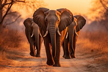 Herd of majestic elephants walking through golden dry grass field at stunning sunset