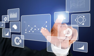 Data analyst with business analytics charts and graphs