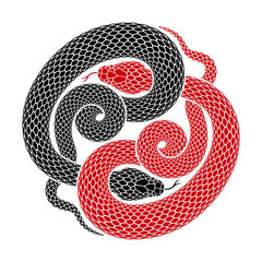 Vector tattoo design of two snakes intertwined in shape of Yin Yang symbol. Isolated black silhouette of taijitu sign of balance and harmony.