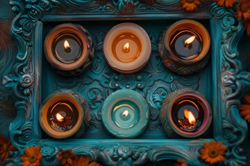 A tranquility evoking image with candles arranged in beautifully crafted ornamental frames with floral motifs