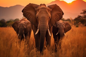 Majestic herd of elephants crossing a dry grass field at breathtaking sunset scenery - obrazy, fototapety, plakaty