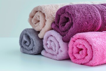 Obraz na płótnie Canvas Clean pink and purple towels on a white insulated background