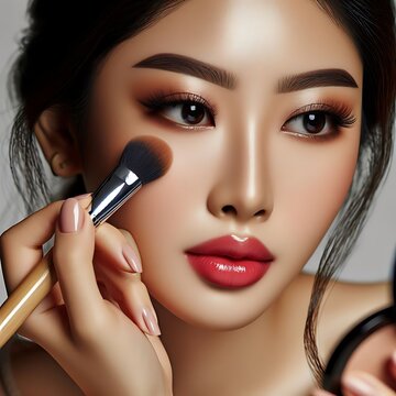 Makeup artist applies eye shadow . Beautiful woman with make-up face. Hand of visagiste, painting cosmetics of young beauty model girl