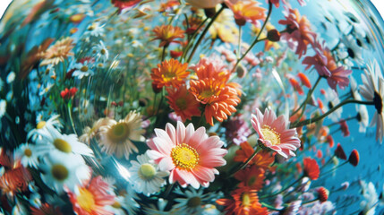 Fototapeta na wymiar Garden Market Blooms: A vibrant display of pink chrysanthemums, red daisies, and orange blossoms among various other colorful flowers in a lively garden market