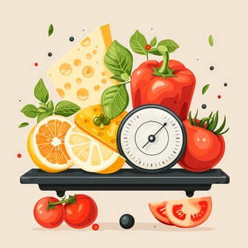 Vegetables and sweets on scales. Healthy and unhealthy foods on counterbalances. Concept: diets, weight loss and calorie calculations. Nutrition for excess weight