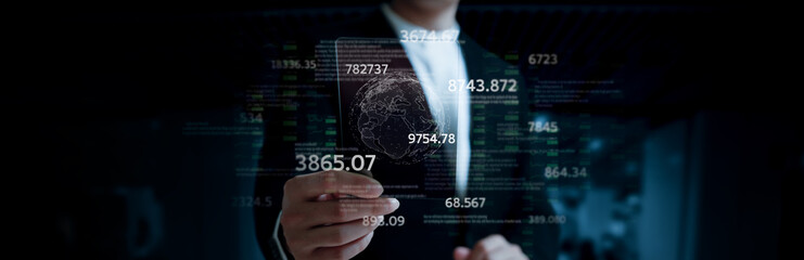 Businessman in connections worldwide networks concept for logistic, export, import, delivery, map, travel communication and international business technology by internet online in network globe icon