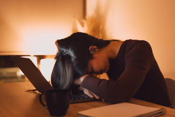 Tired teen girl caucasian university student fall asleep exhausted after difficult learn exam test,...