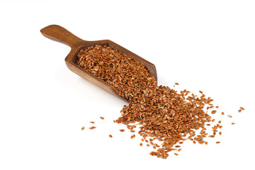 Vegetarian organic nutrition flax seeds in scoop on white background