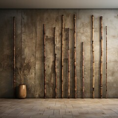 a wall with sticks and a vase in front of it