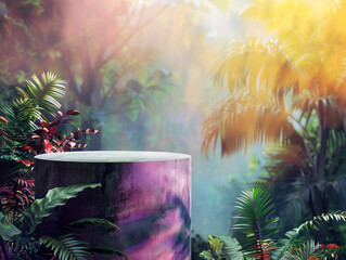 Feature your product on a cylinder podium set against a backdrop of a tropical forest where light and color come alive perfect for any premium display