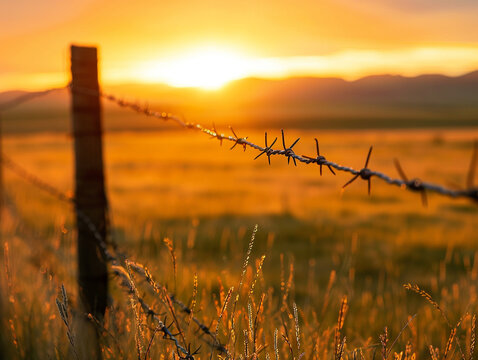 Golden hour over a country meadow barbed wire boundary in focus emphasizing the importance of preserving natural landscapes