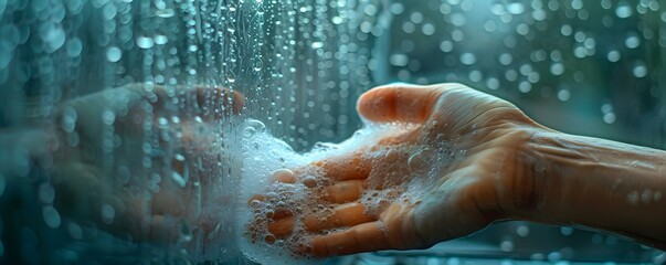 Realistic extreme close-up of a hand cleaning a glass surface with a cloth. Concept Household Chores, Cleaning Routine, Detailed Close-Up, Hand cleaning Glass, Household Hygiene