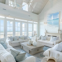 Fototapeta na wymiar photo of a coastal beach house interior with a nautical theme and light, airy colors. 3d render.