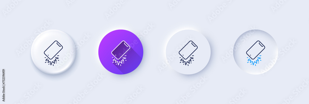 Poster smartphone falling line icon. neumorphic, purple gradient, 3d pin buttons. phone crash sign. mobile 