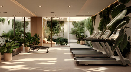Modern luxe boutique gym room with nature - obrazy, fototapety, plakaty
