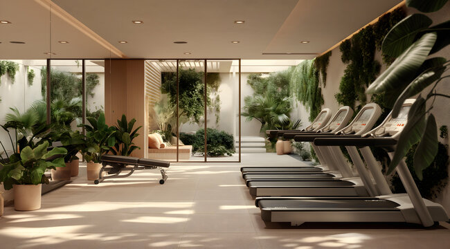 Modern luxe boutique gym room with nature