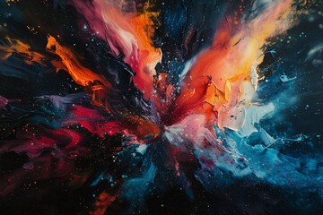 An abstract cosmic explosion of vibrant colored paints, creating a dynamic and captivating visual art piece