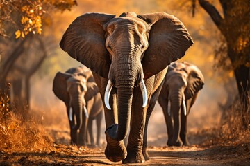Herd of elephants walking in african wilderness, wildlife animals in savanna landscape
