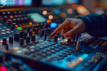 Fototapeta premium Hands on dissolve of switcher buttons in studio TV station